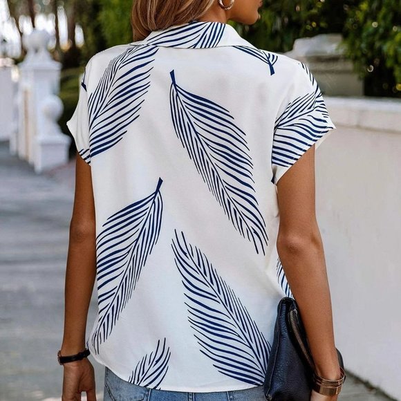 White Boho Womens Tropical Print Batwing Sleeve Beach Shirt - Picture 2 of 5